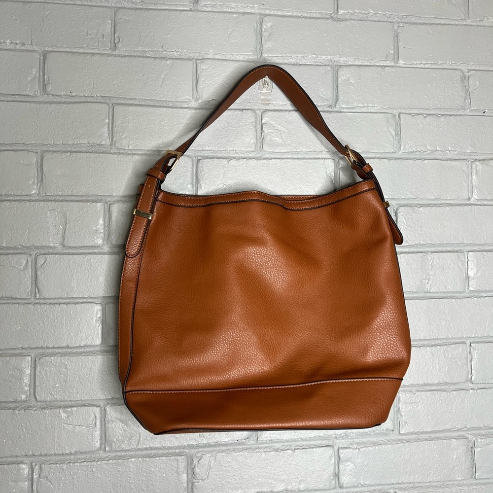 JustFab Faux Leather Brown Hobo Shoulder Bag With Leopard Print Interior